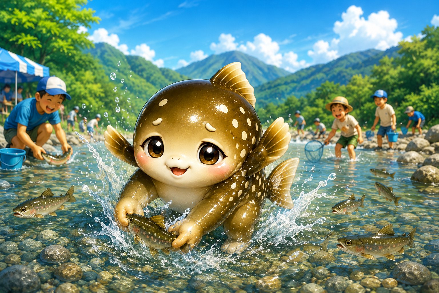 イワッチャと一緒に清流でイワナのつかみ取り