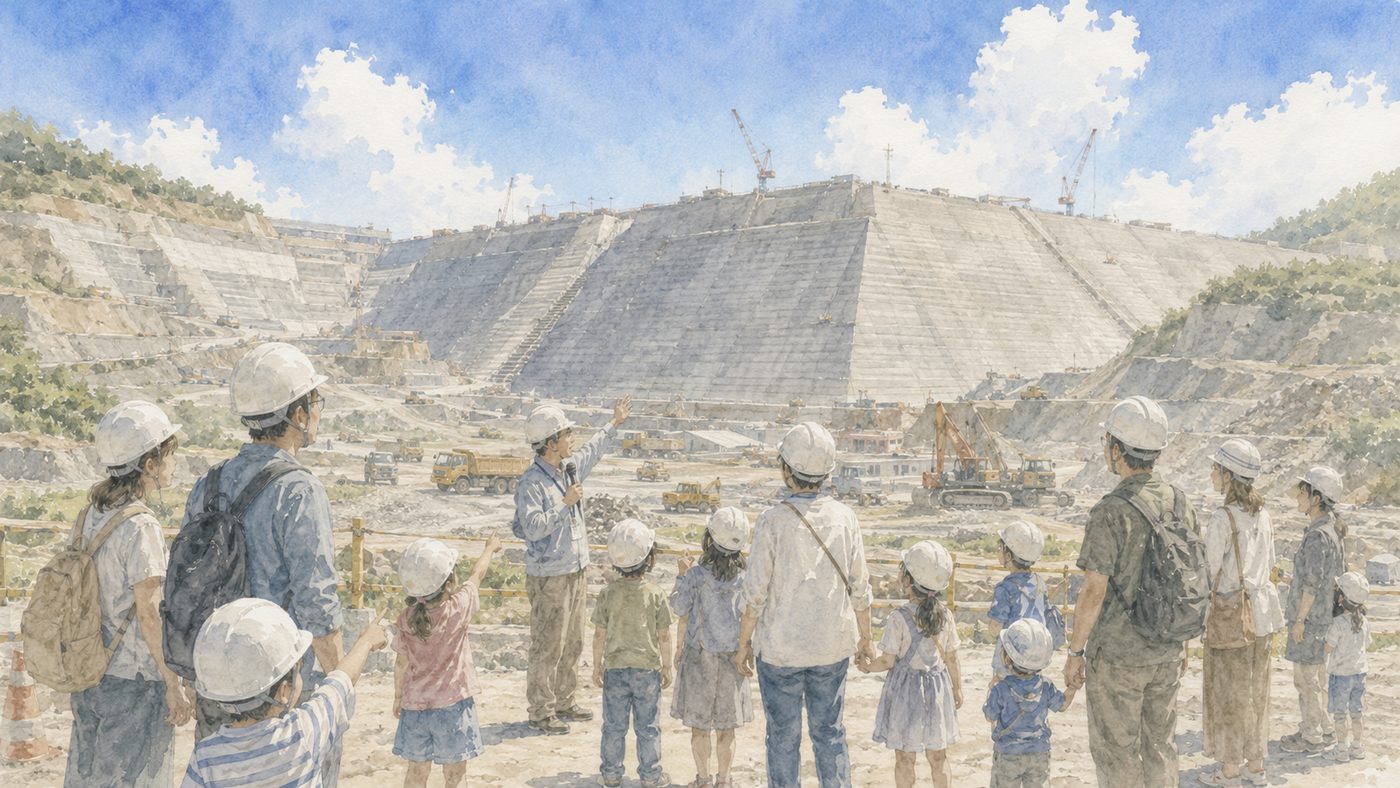巨大な台形CSGダムを見学する家族連れ