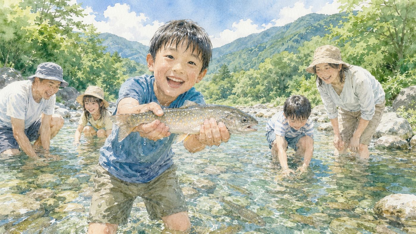 清流でイワナのつかみ取りを楽しむ子どもたち
