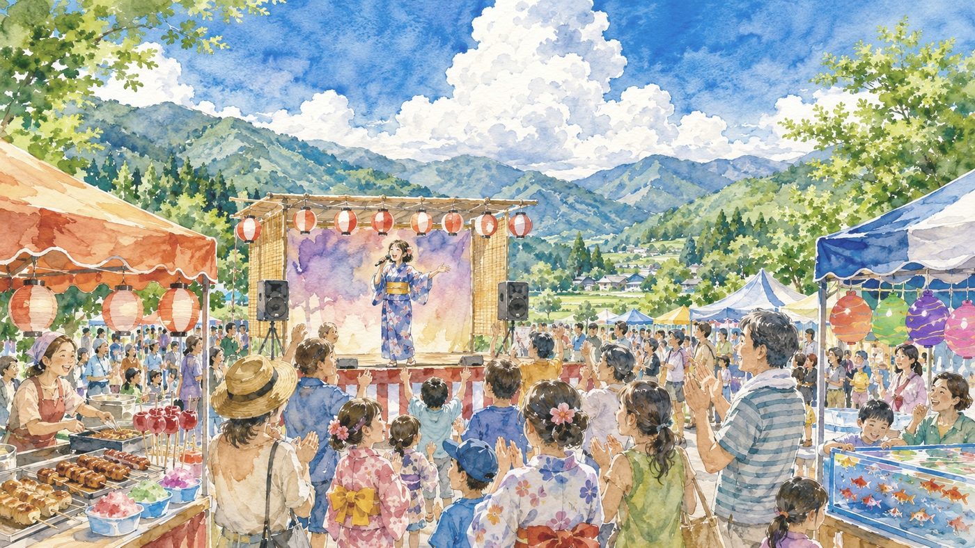 夏祭りのステージで歌うカラオケ大会