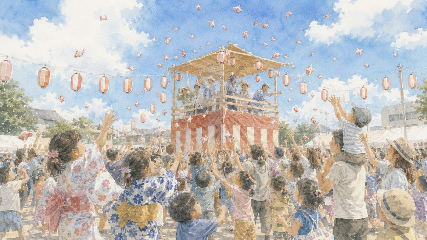 餅まきに沸く会場