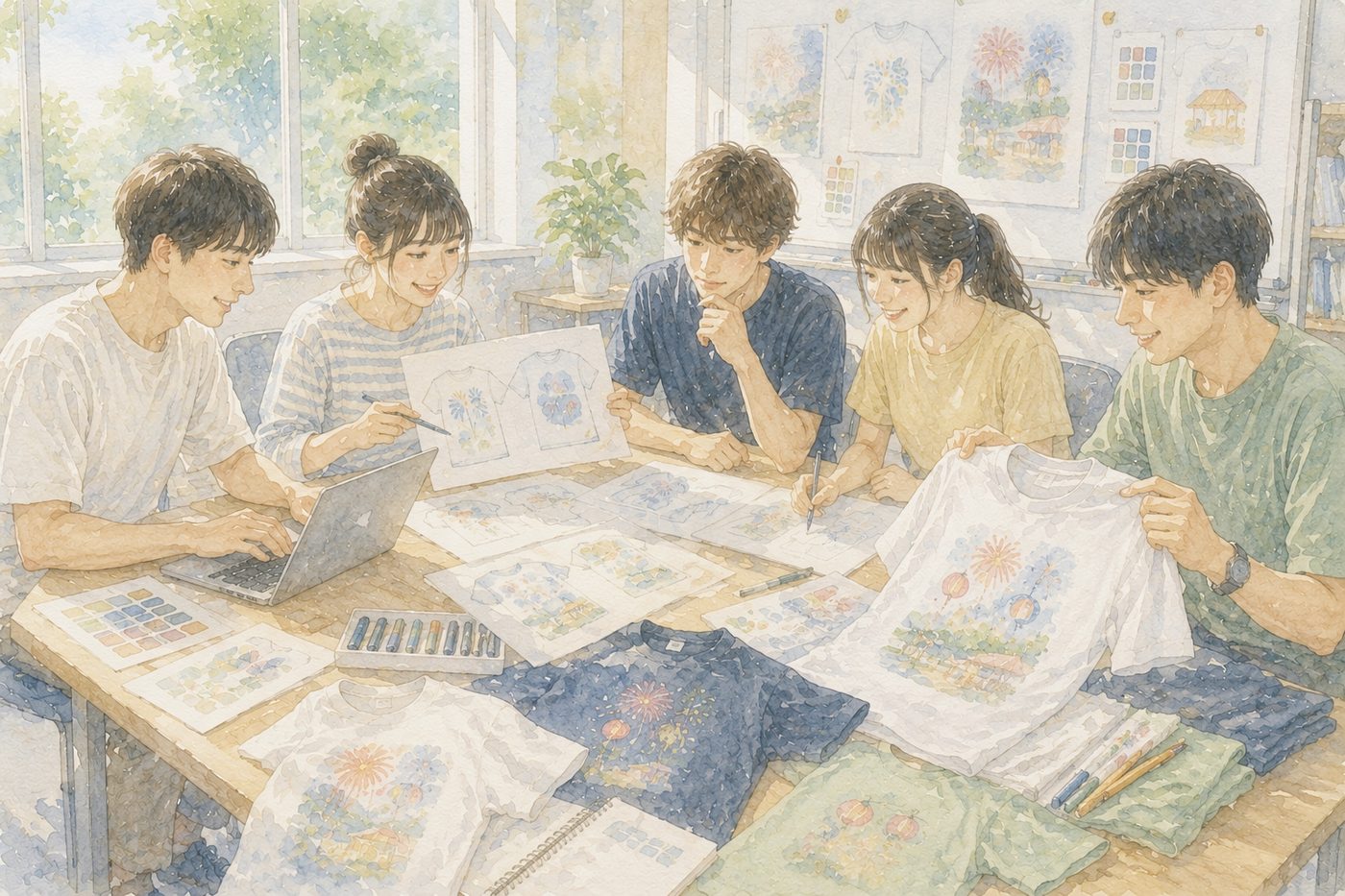 オリジナルTシャツをデザインする学生